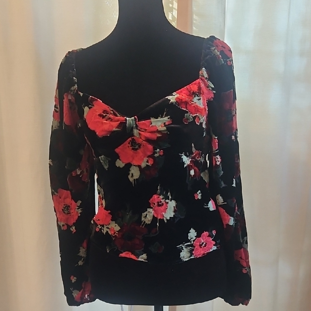 Black Poppy Floral Black and Pink Blouse